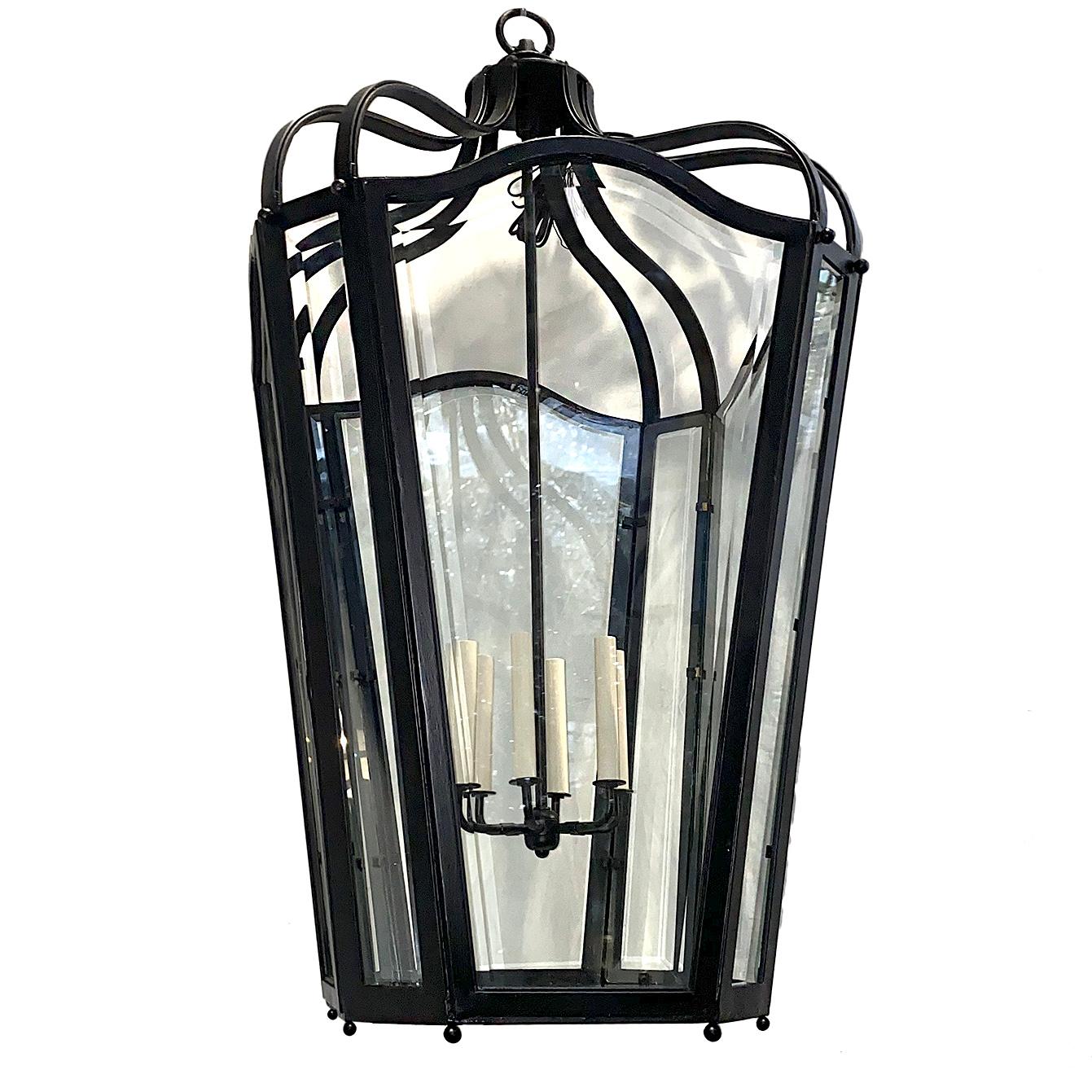 Glass Pair of Large French Wrought Iron Lanterns, Sold Individually For Sale