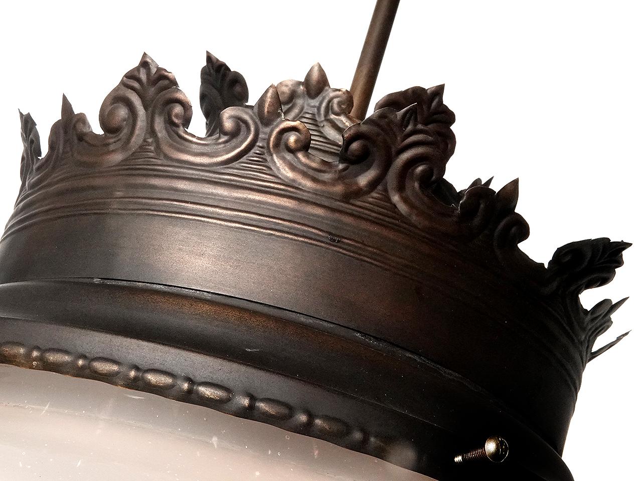 Art Nouveau Pair of Large Frosted Acorn Lamps With large Brass Decorative Crown For Sale