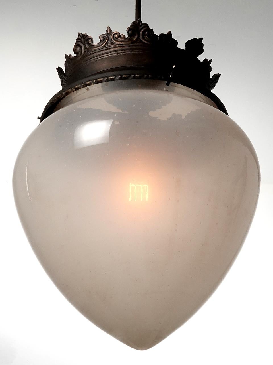 American Pair of Large Frosted Acorn Lamps With large Brass Decorative Crown For Sale