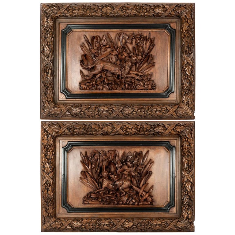 Pair of Large Full-Relief Carved Black Forest Walnut Plaques For Sale