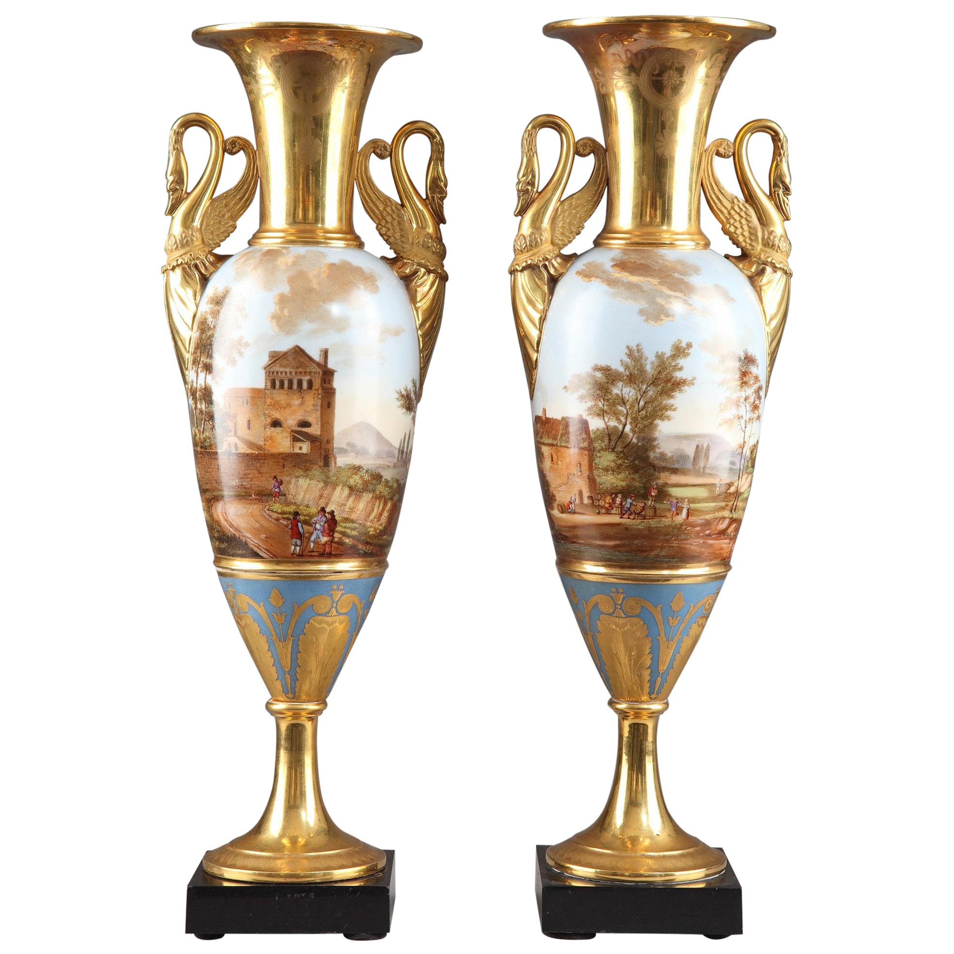 Pair of Large Fuseau Vases in Porcelaine de Paris, Empire Period