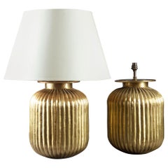 Pair of Large Gadrooned Brass Metal Lamps