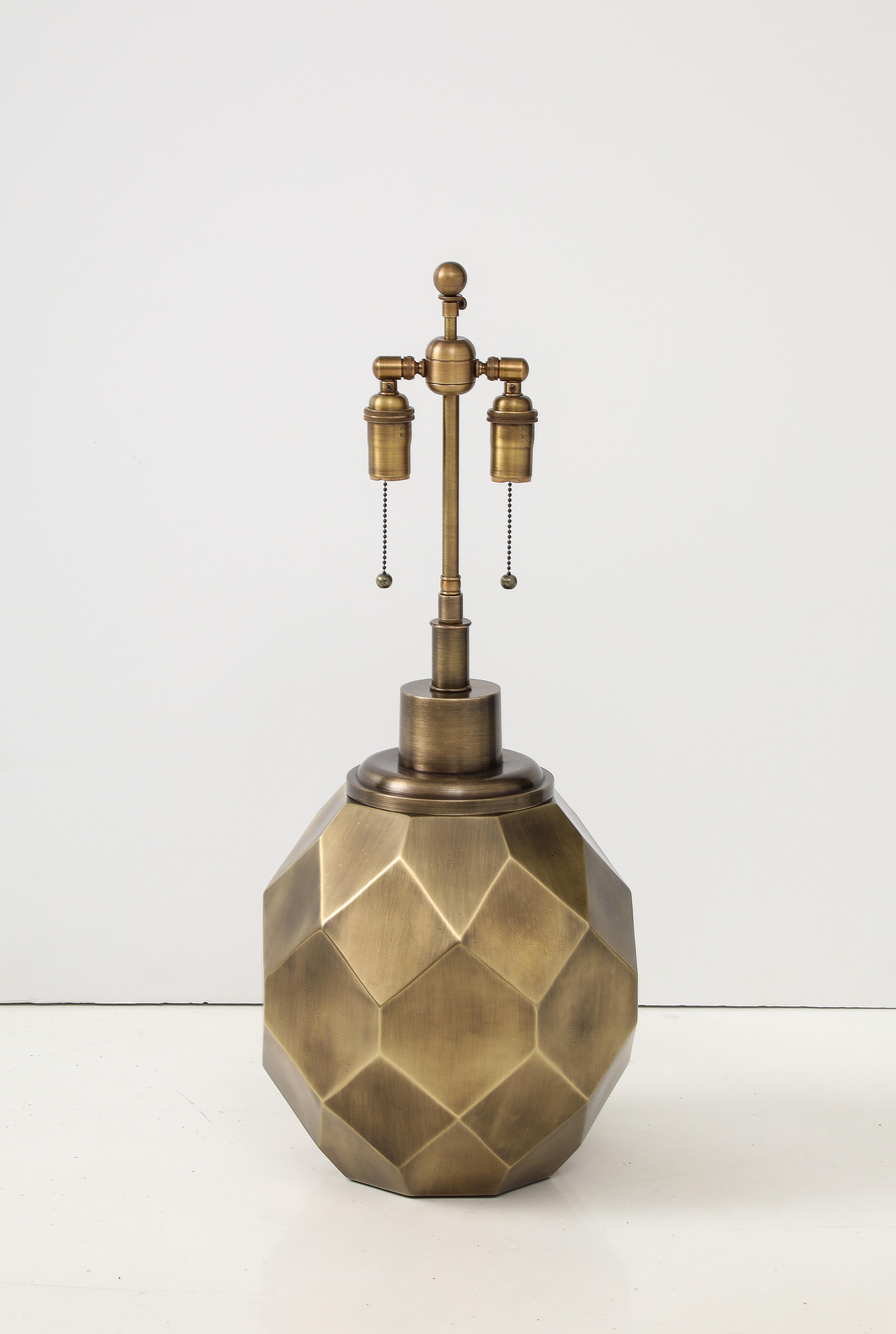 North American Pair of Large Geodesic Antiqued Brass Lamps by Chapman. For Sale