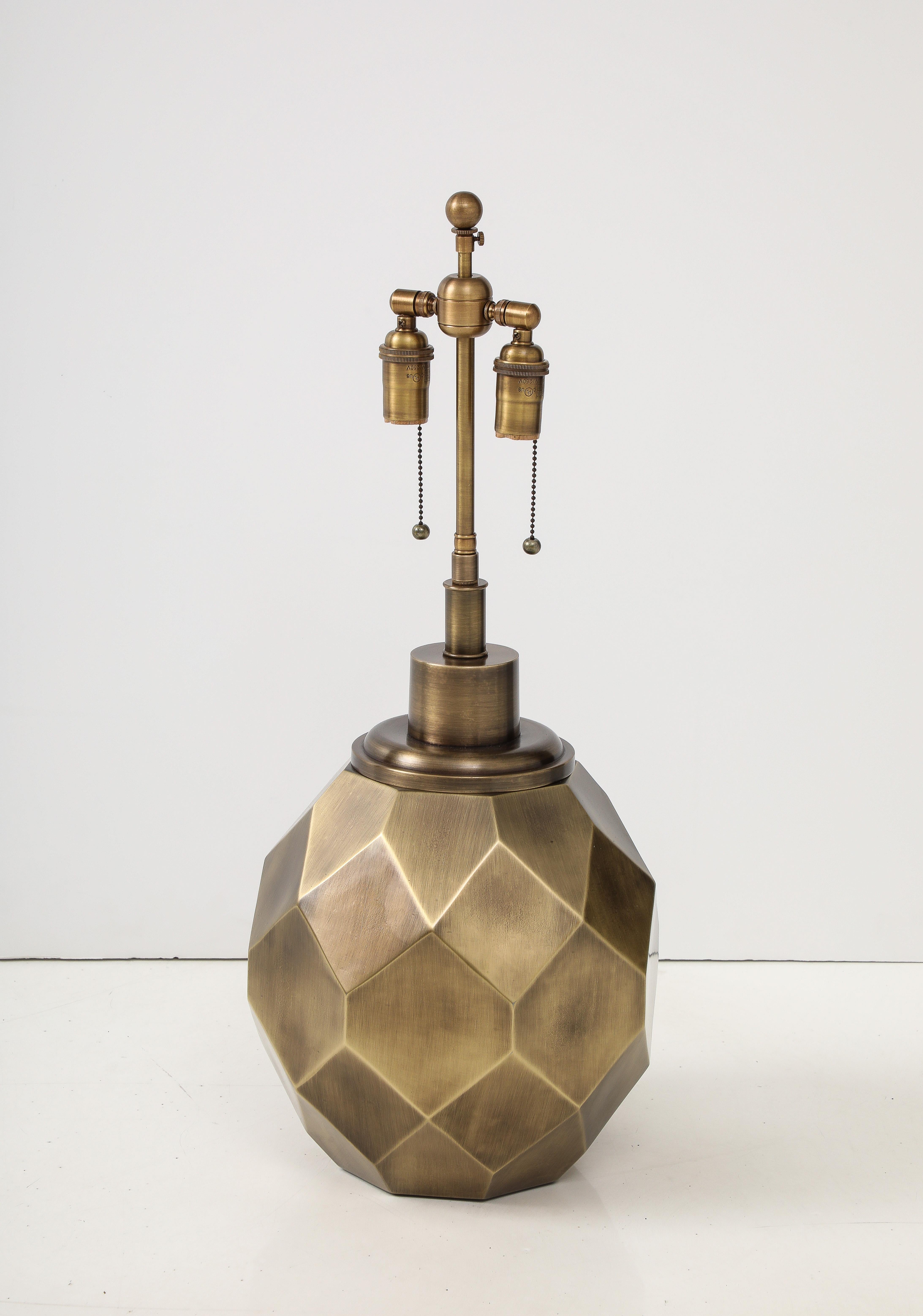 Pair of Large Geodesic Antiqued Brass Lamps by Chapman. In Excellent Condition For Sale In New York, NY