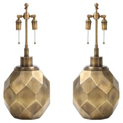 Pair of Large Geodesic Antiqued Brass Lamps by Chapman.