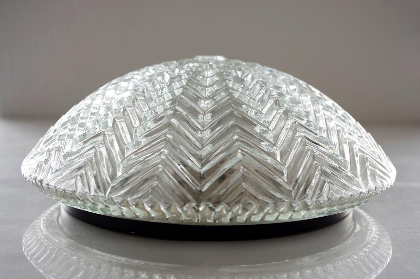 German Pair of Large Geometric Zigzag Glass Ceiling or Wall Lights Flush Mounts, 1960s For Sale