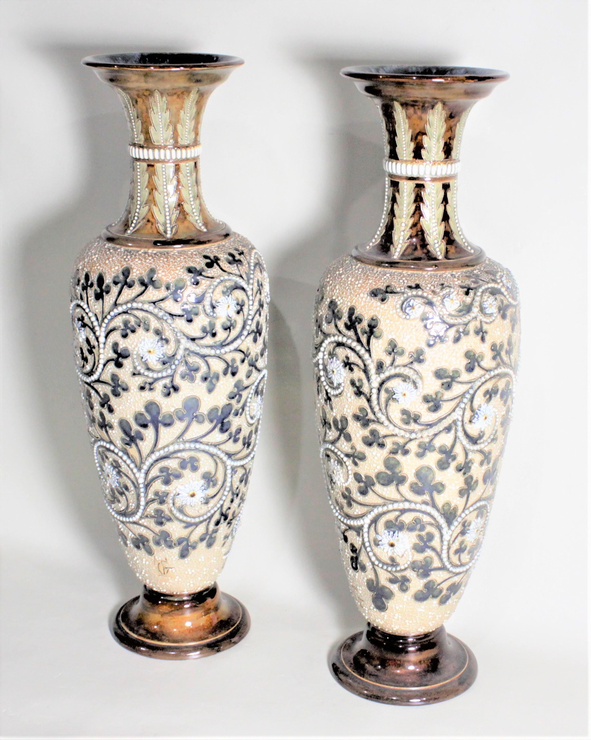 Late Victorian Pair of Large George Tinworth Victorian Stoneware Doulton Lambeth Vases For Sale