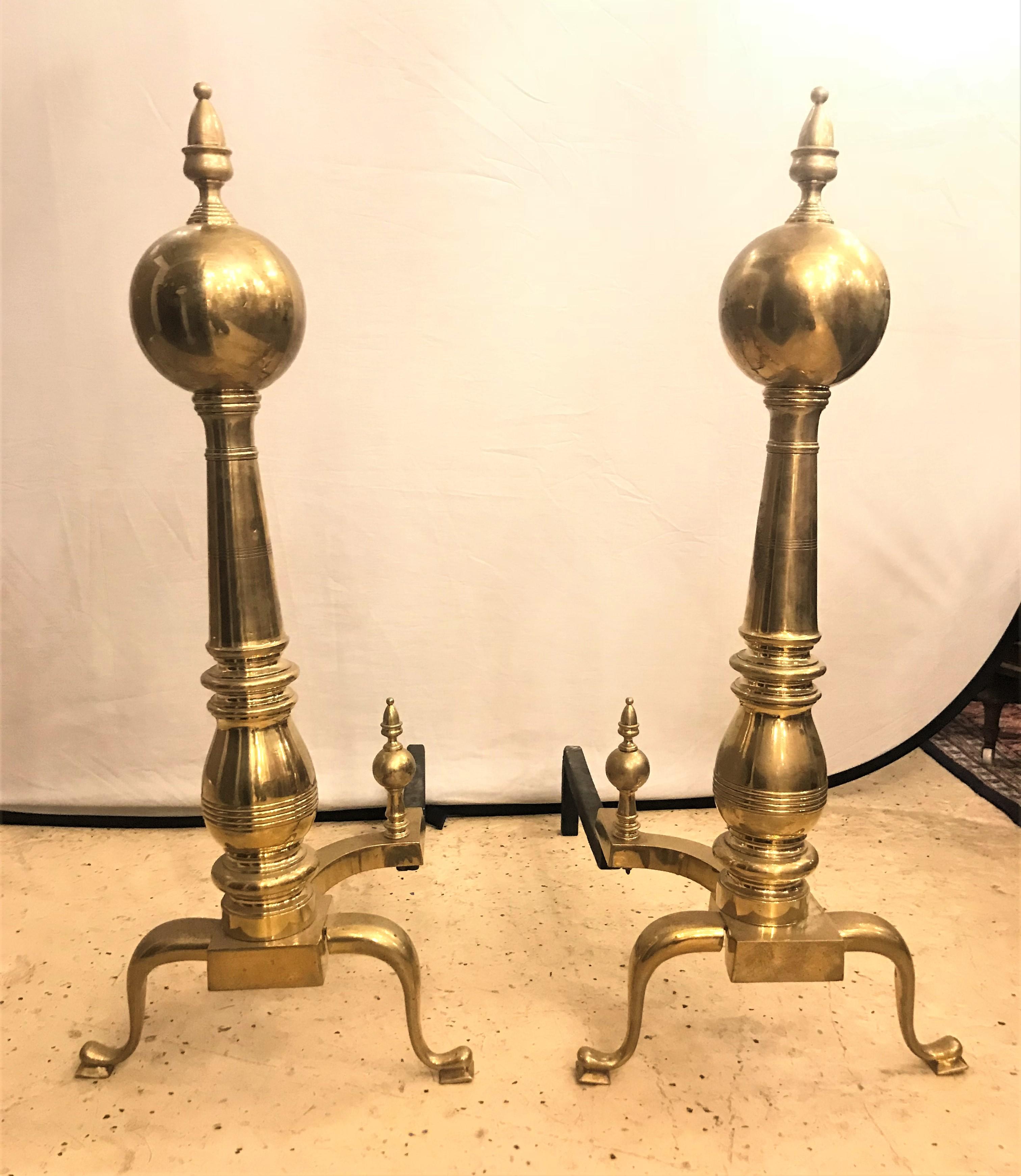 Pair of Large Georgian Style Brass Andirons In Good Condition In Stamford, CT