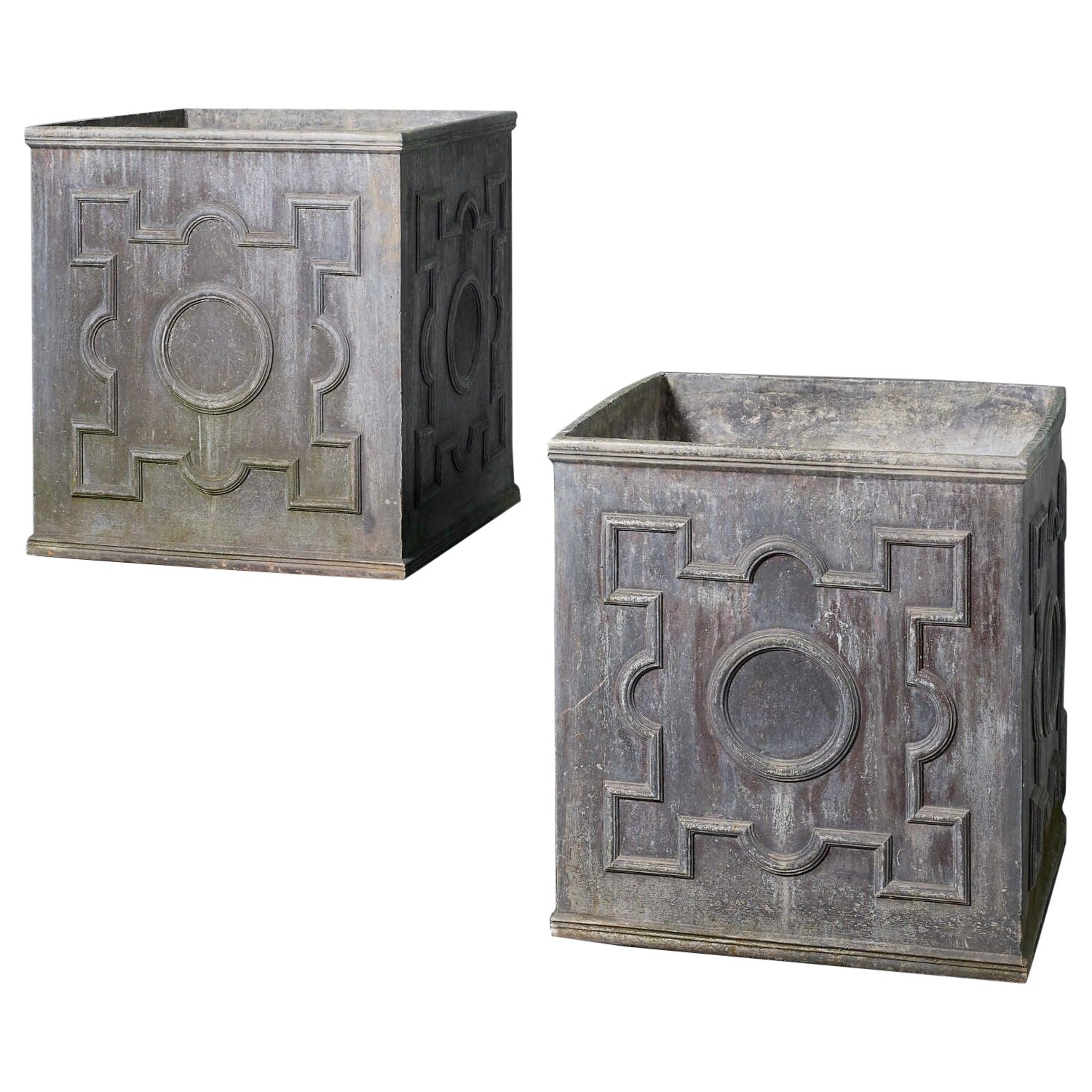 Pair of Large Georgian Style Geometric Lead Cube Jardinieres