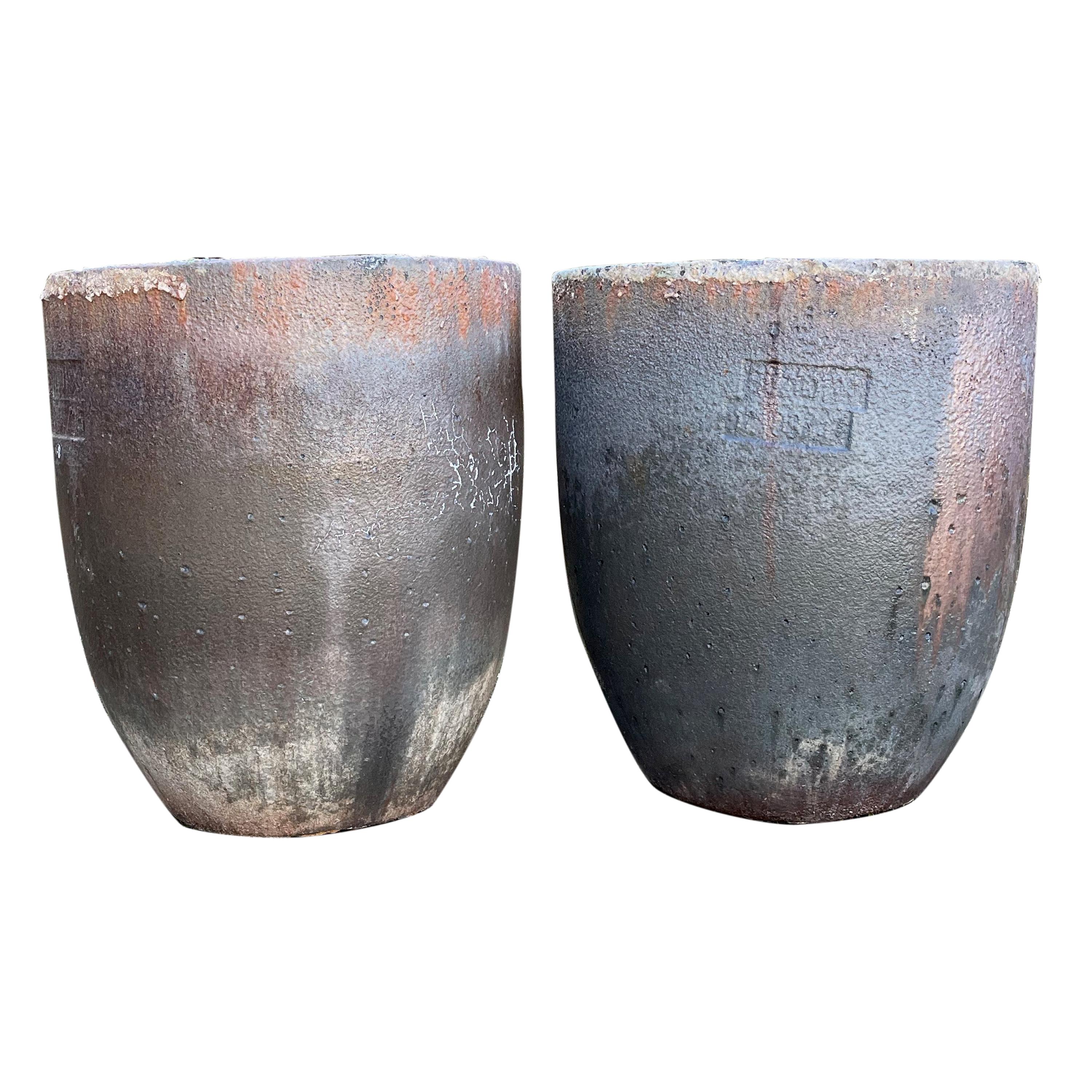 Pair of Large German Copper-Colored Ceramic Crucible Planters, Stamped