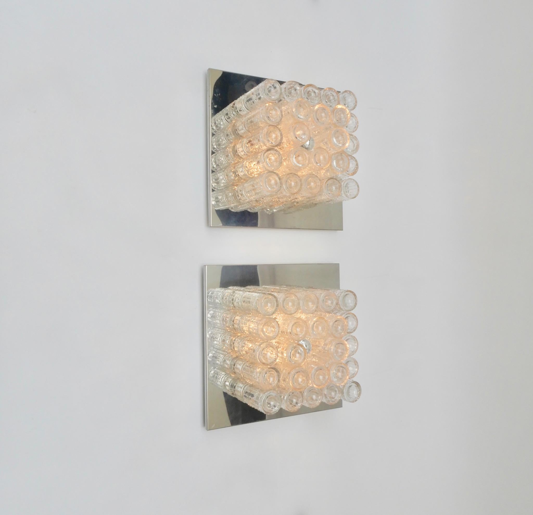 Mid-Century Modern Pair of Large German Glass and Chrome Square Wall Sconces, 1970s For Sale