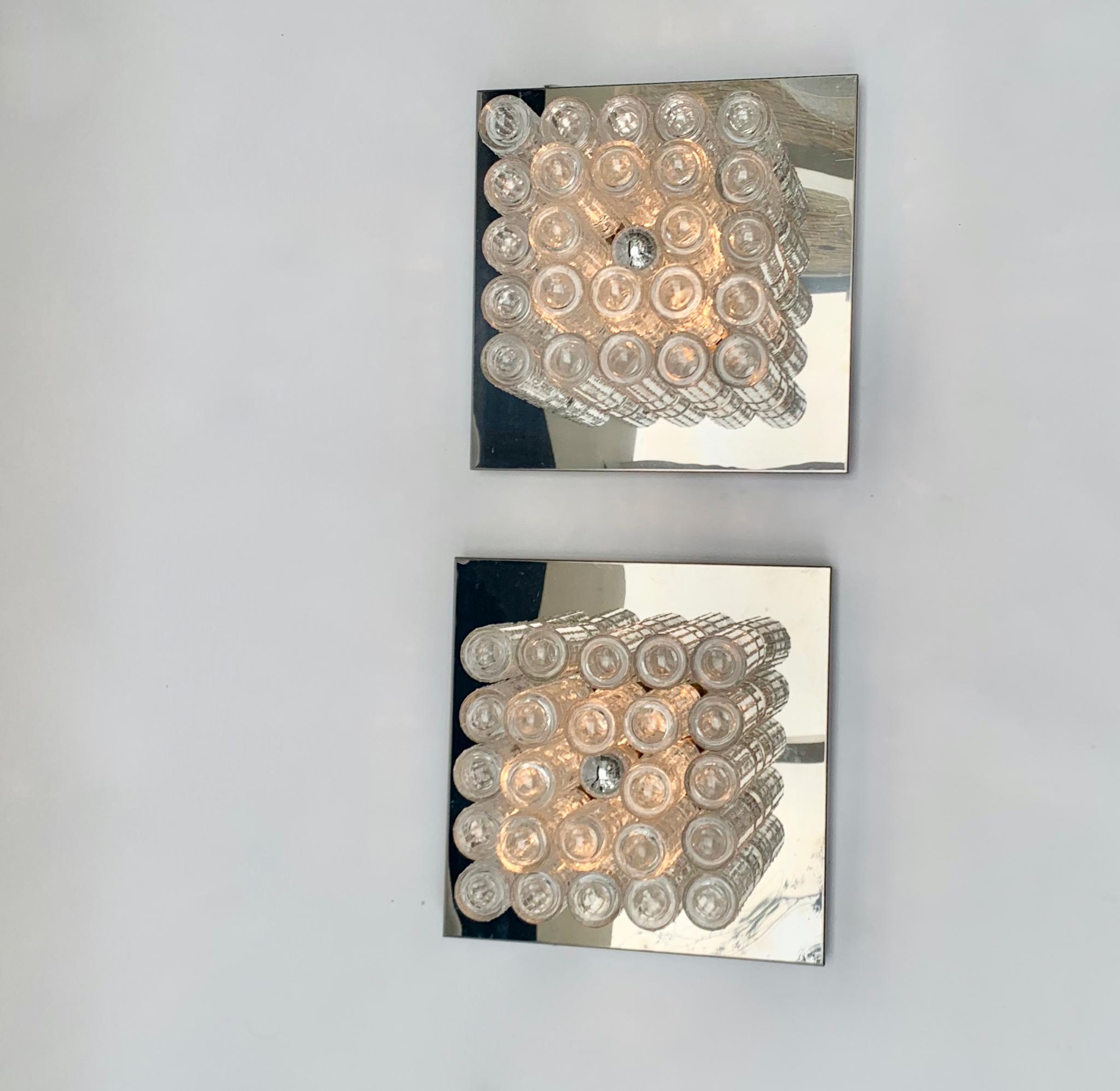 Pair of Large German Glass and Chrome Square Wall Sconces, 1970s In Good Condition For Sale In London, GB