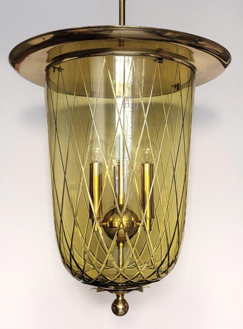 A unique pair of large lanterns/ceiling lights made of blown and hand-cut glass, originally crafted for the reception area of a palace.
Germany, 1940-1950s.
Measures: (min.) Height of the body: 19.6 in (50 cm).
The total height of the light (length
