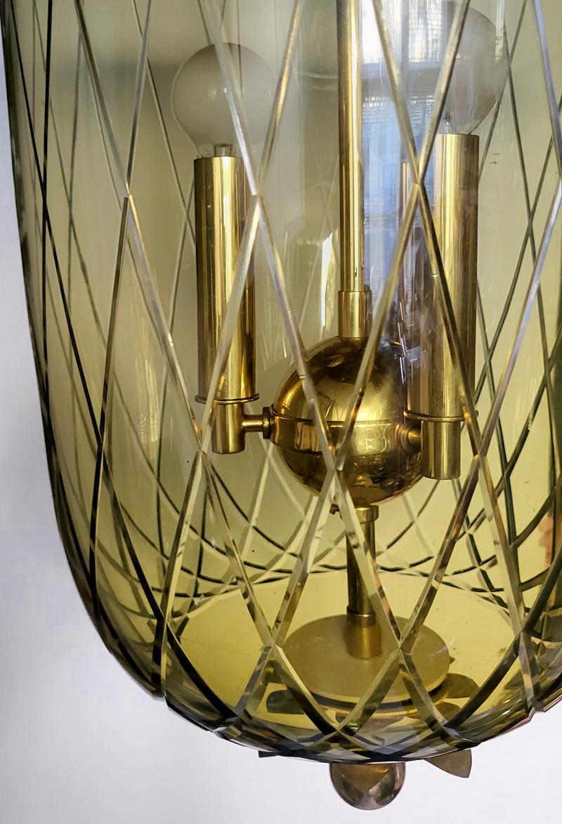 Mid-Century Modern Pair of Large German Vintage Glass and Brass Lanterns Pendants Chandeliers 1950s For Sale