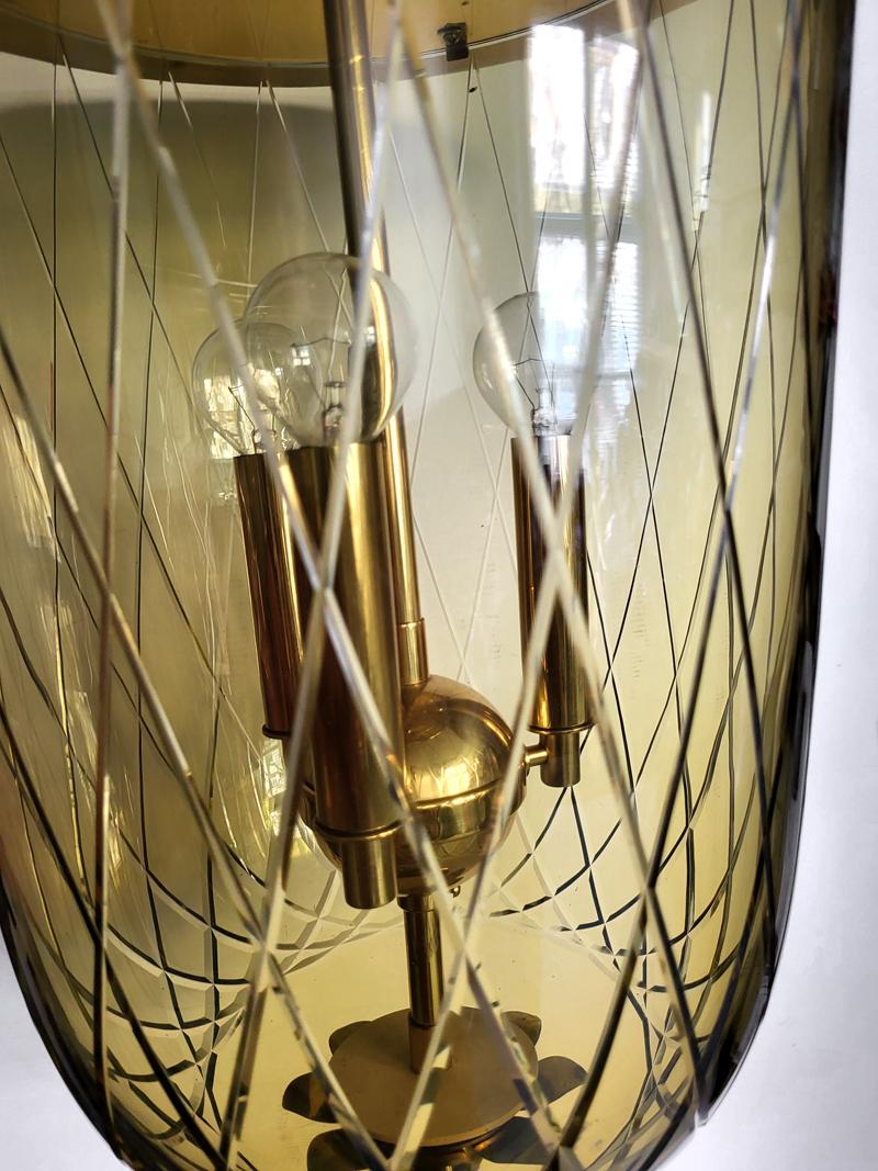 20th Century Pair of Large German Vintage Glass and Brass Lanterns Pendants Chandeliers 1950s For Sale