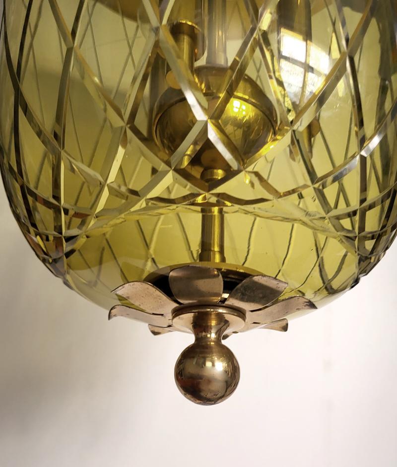 Metal Pair of Large German Vintage Glass and Brass Lanterns Pendants Chandeliers 1950s For Sale
