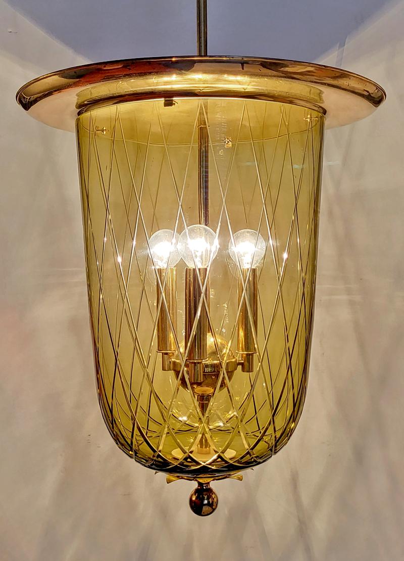 Pair of Large German Vintage Glass and Brass Lanterns Pendants Chandeliers 1950s For Sale 1