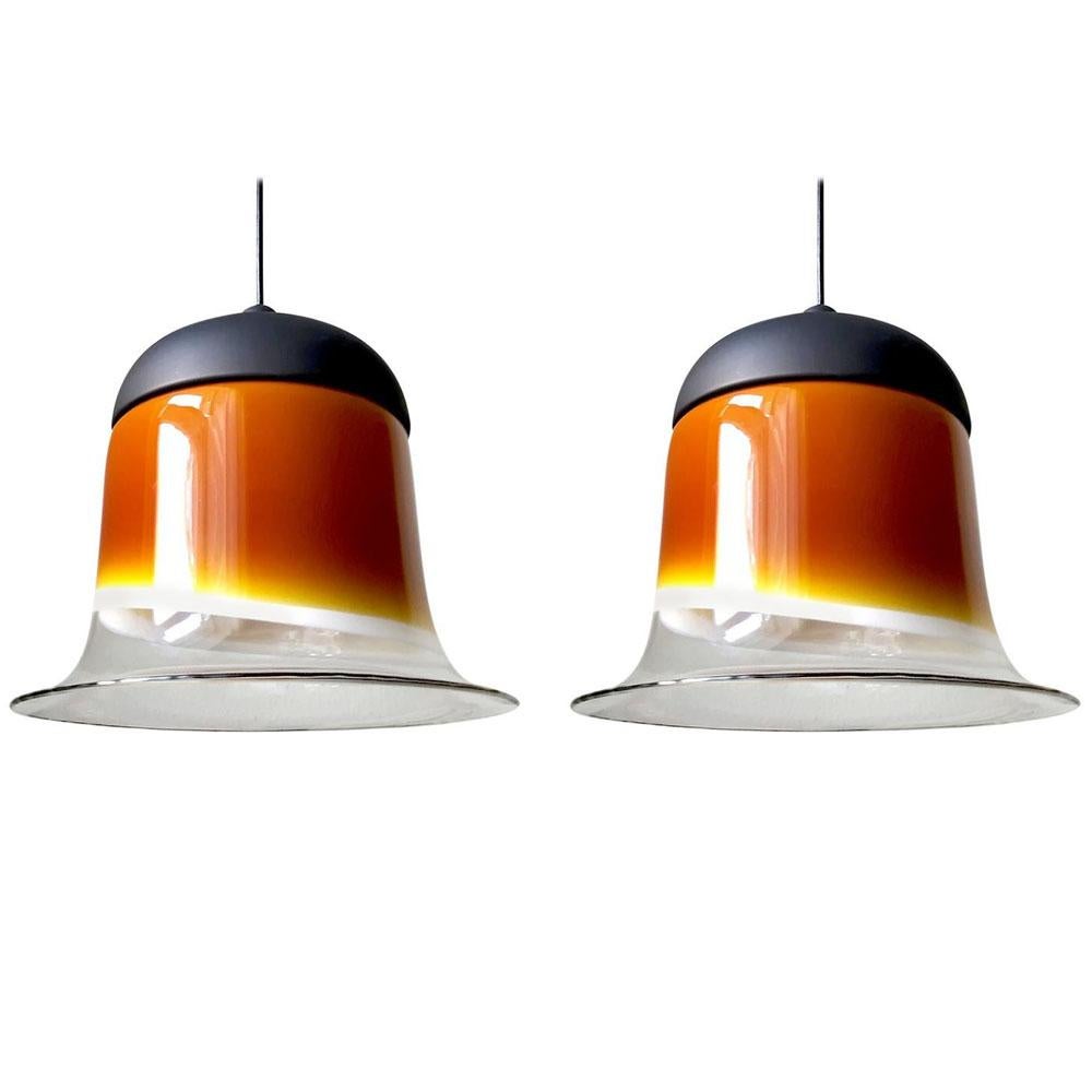 Pair of Large German Vintage Blown Glass Ceiling Hanging Pendant Lights, 1960s For Sale