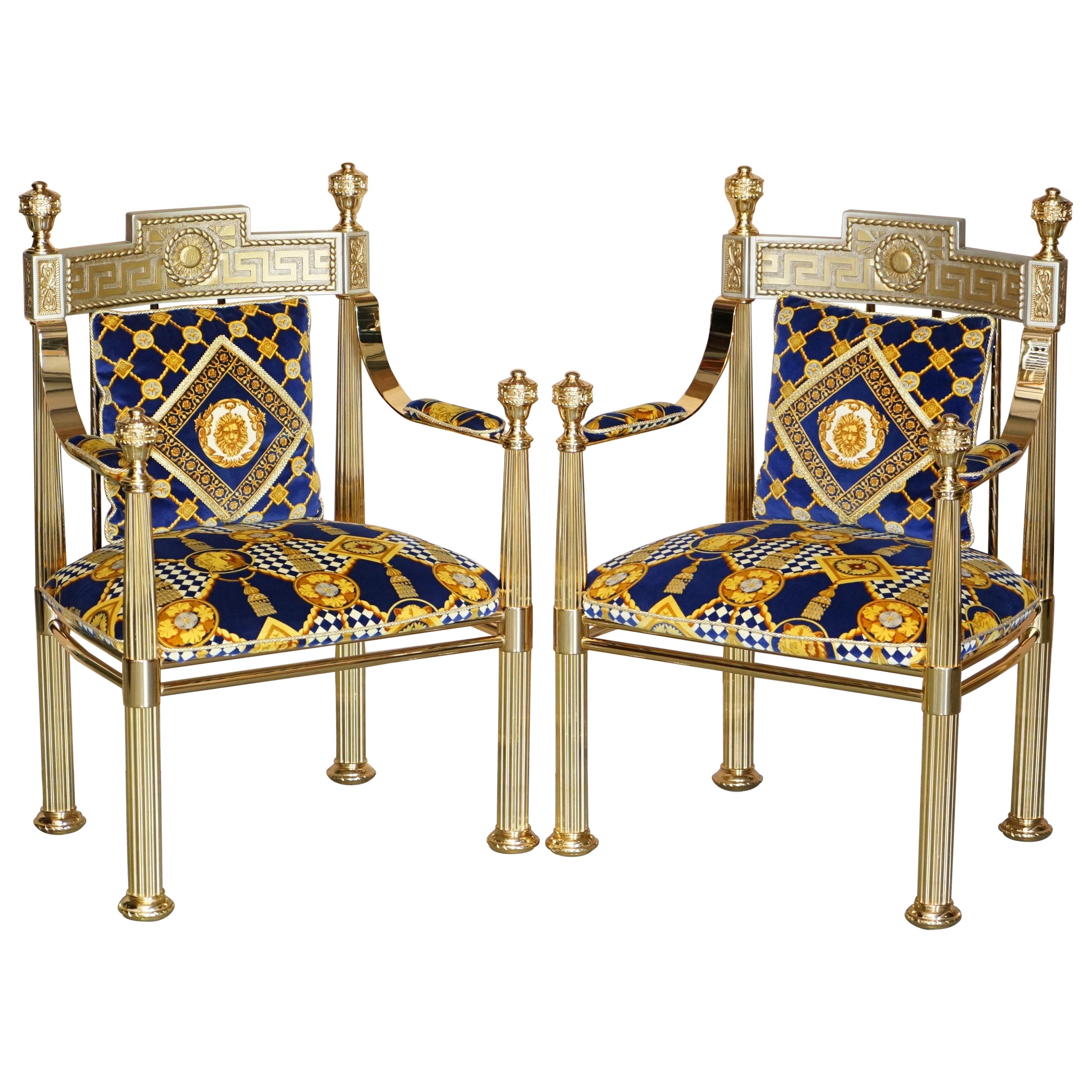 Pair of Large Gianni Versace Hollywood Regency Brass Framed Throne Armchairs