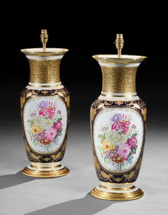 Pair of Large Gilded and Dark Blue French Paris Porcelain Vases Mounted as Lamps