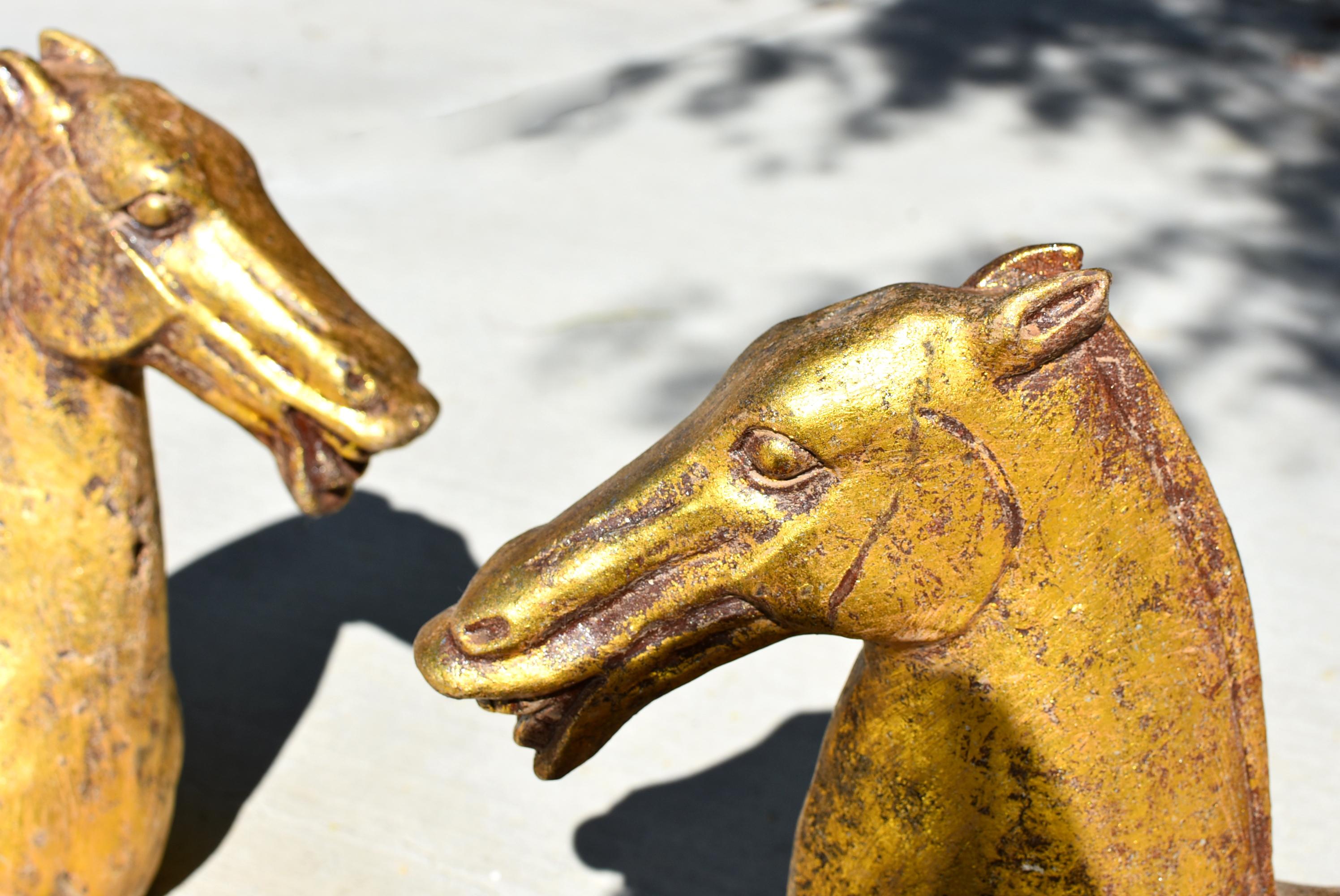 Chinese Pair of Large Golden Iron Horse Busts For Sale