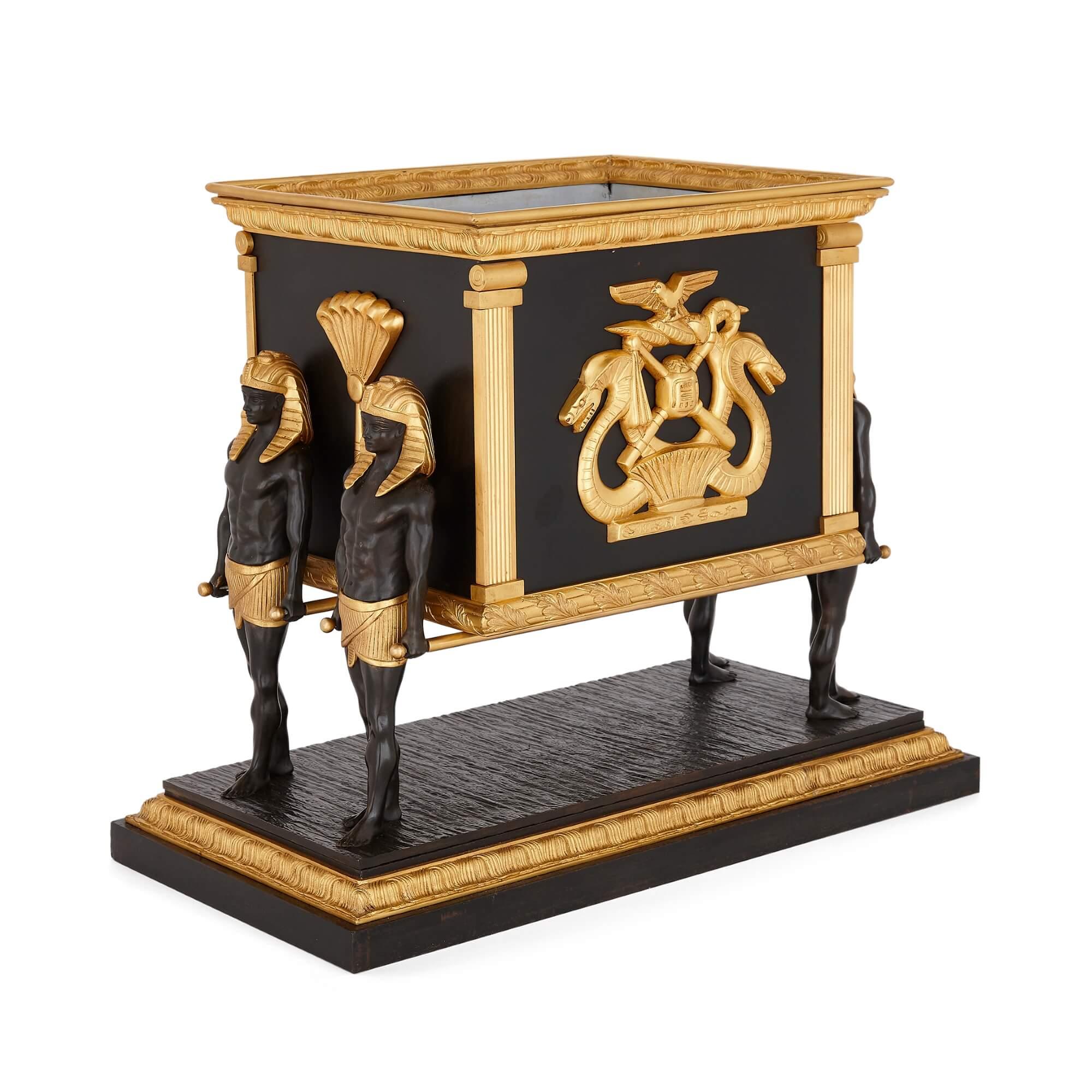 French Pair of Large Gilt and Patinated Bronze Empire Style Planters For Sale