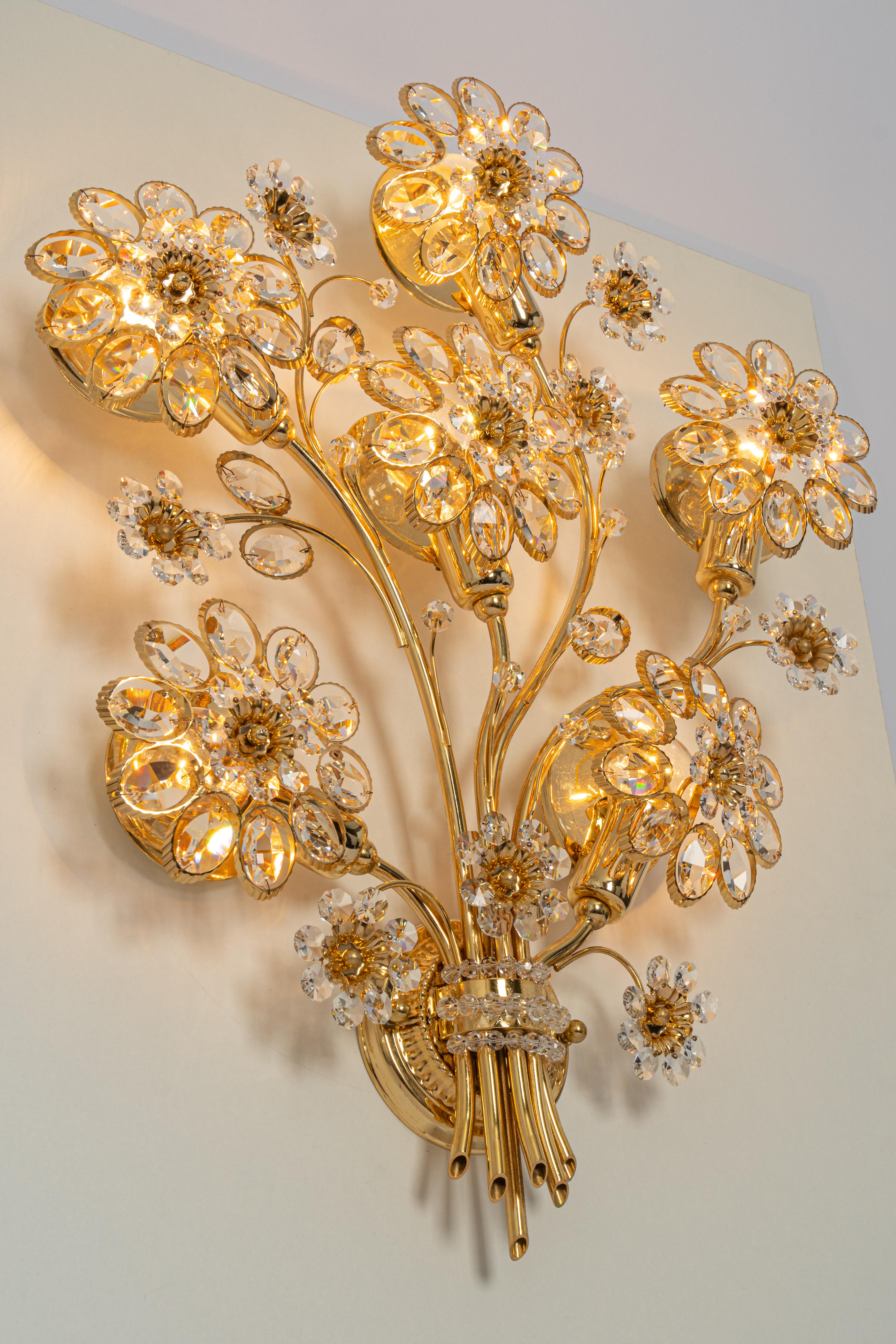 Pair of Large Gilt Brass Flower Shape Wall Lights by Palwa, Germany, 1970s 3
