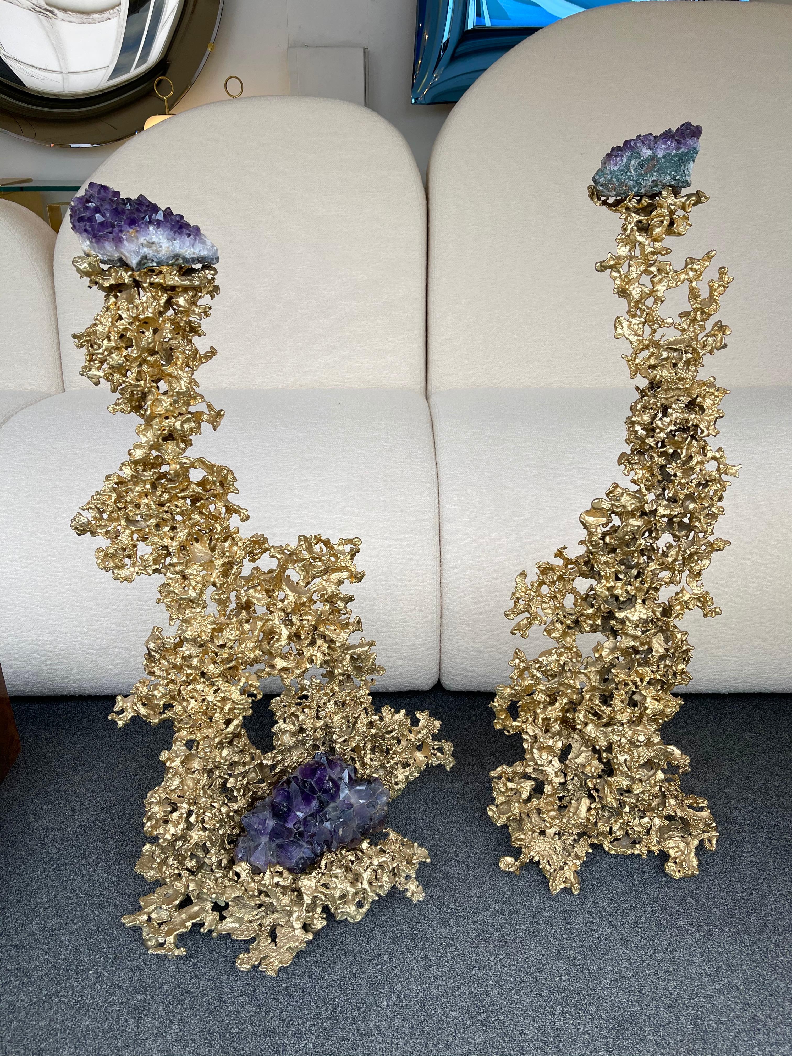 Pair of Large Gilt Bronze and Amethyst Sculpture by Boeltz, France, 1970s For Sale 8