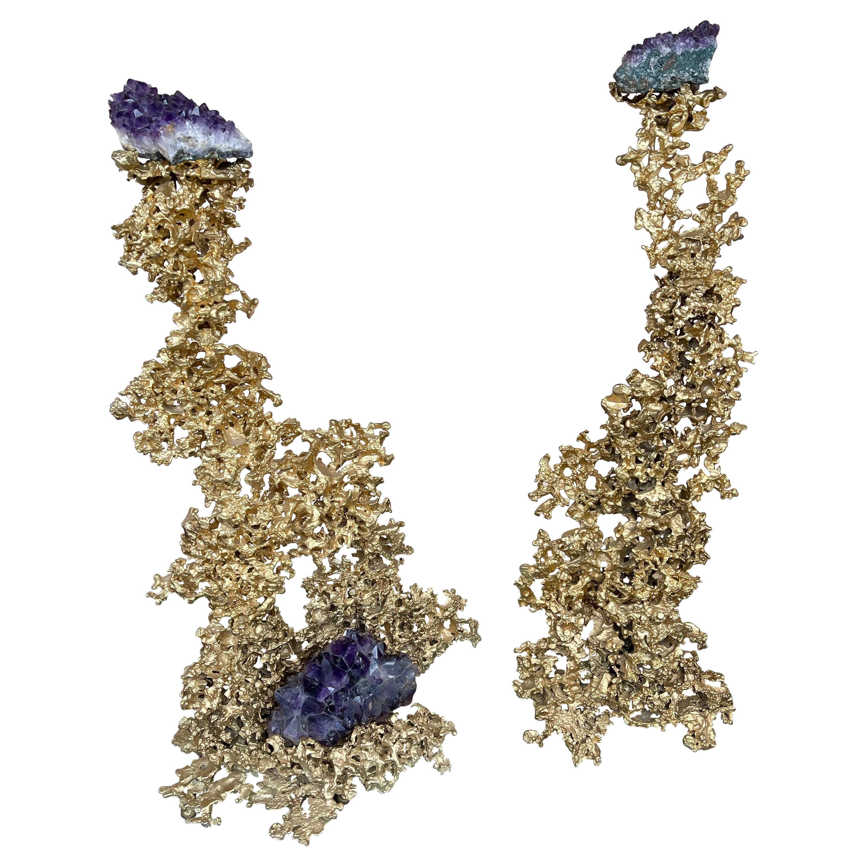 Pair of Large Gilt Bronze and Amethyst Sculpture by Boeltz, France, 1970s