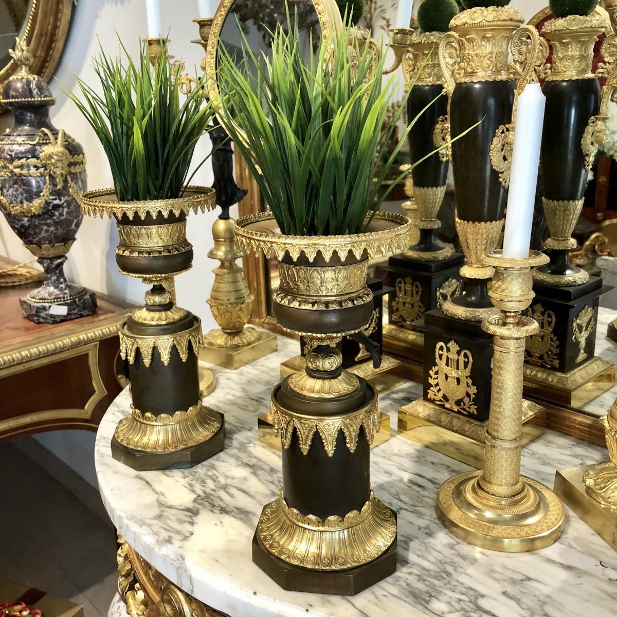 Gothique Paire de grands vases à cassolette en bronze doré et patine brune, époque Charles X en vente