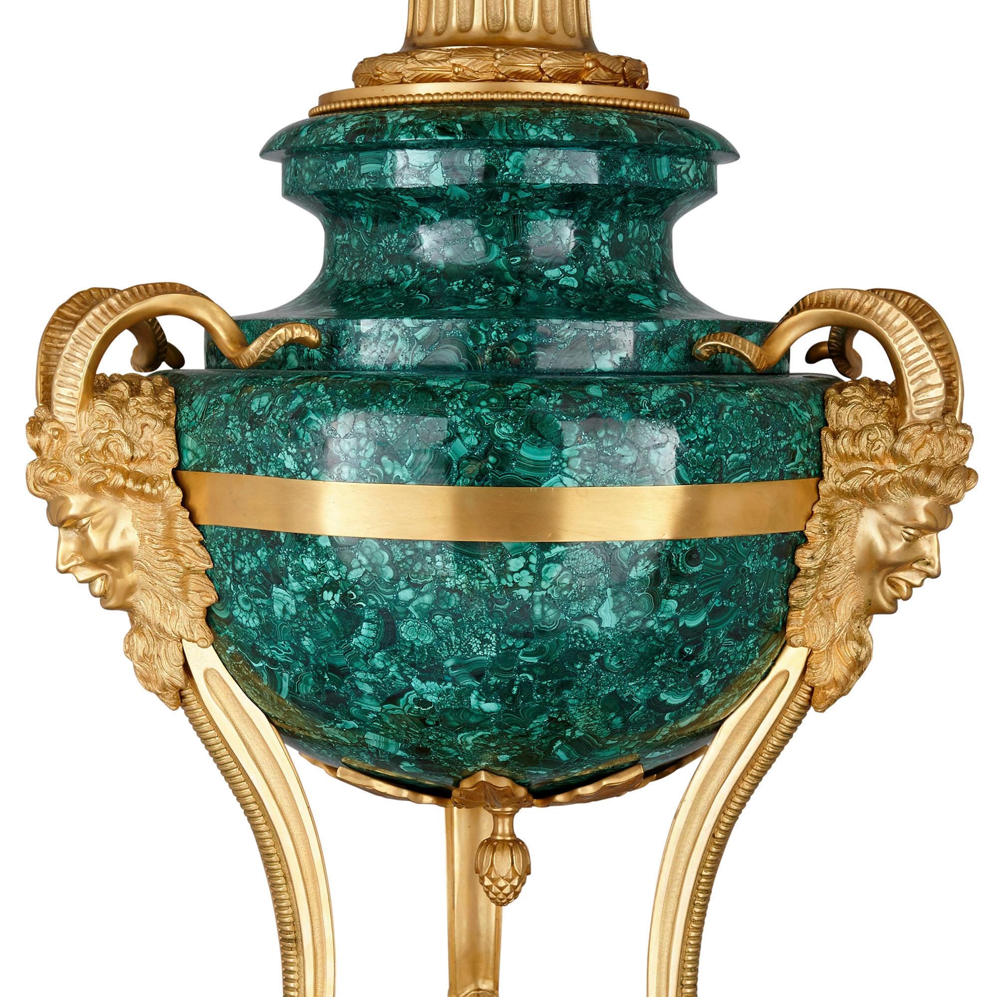 French Pair of Large Gilt Bronze and Malachite Neoclassical Style Candelabra For Sale