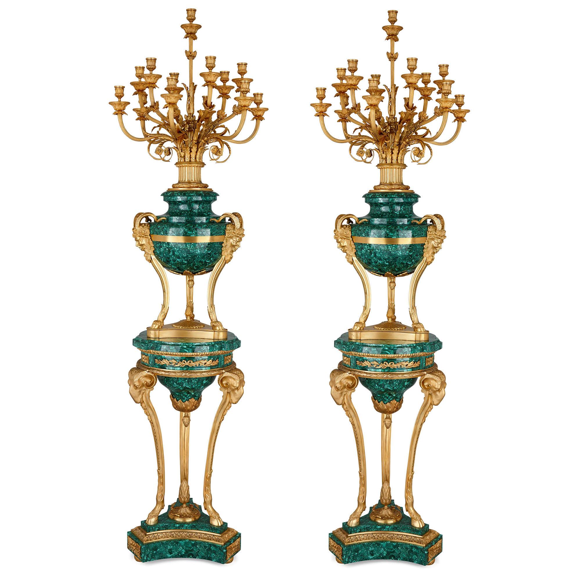 Pair of Large Gilt Bronze and Malachite Neoclassical Style Candelabra For Sale 1