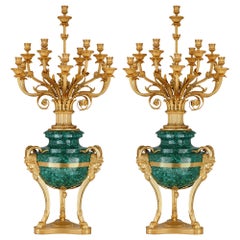 Pair of Large Gilt Bronze and Malachite Neoclassical Style Candelabra
