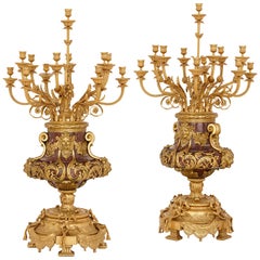 Pair of Large Gilt Bronze and Marble Candelabra