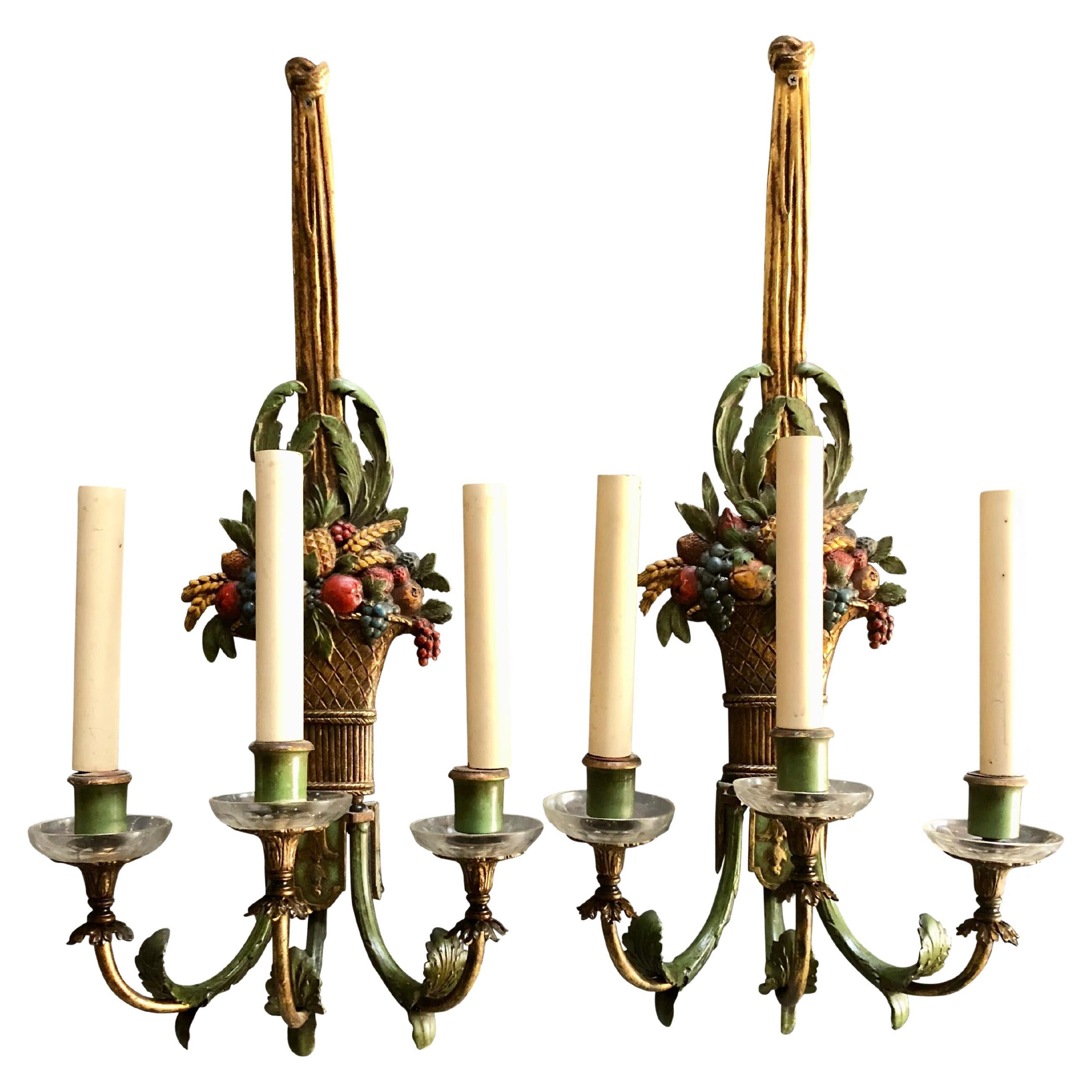 Pair of Large Gilt Bronze and Polychrome Wall Sconces by Sterling Bronze Co.