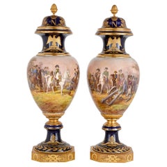 Pair of Large Gilt Bronze and Porcelain Vases with Napoleonic Battle Scenes