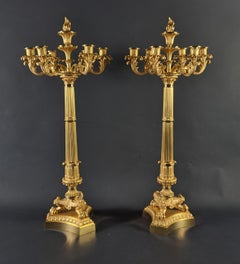 Pareja De Grandes Candelabros De Bronce Dorado De La Época De La Restauración