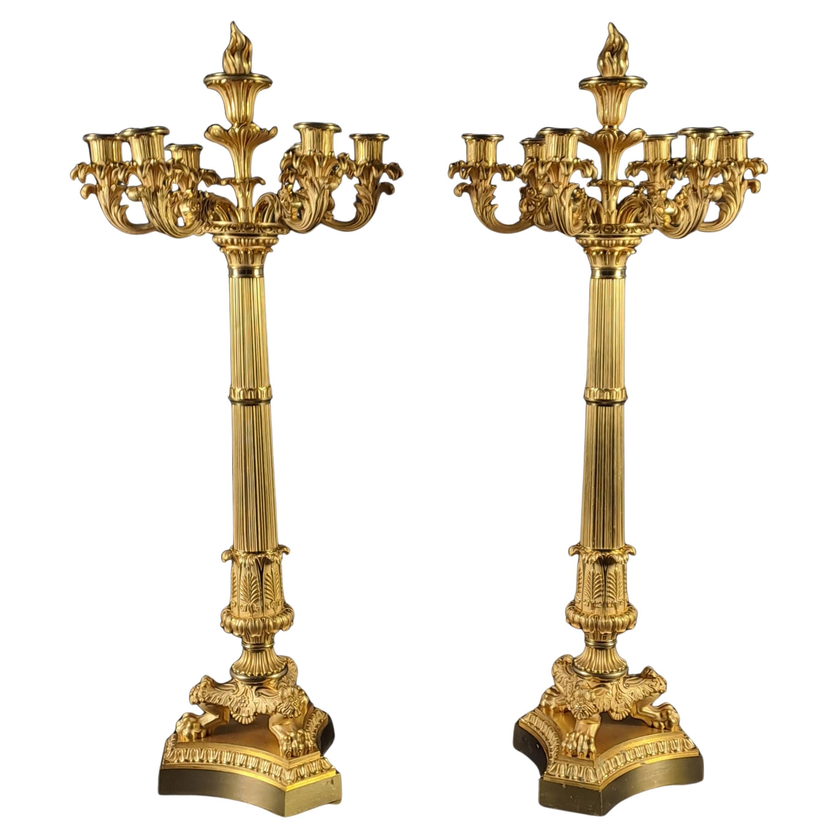 Pair Of Large Gilt Bronze Candelabra From The Restauration Period For Sale