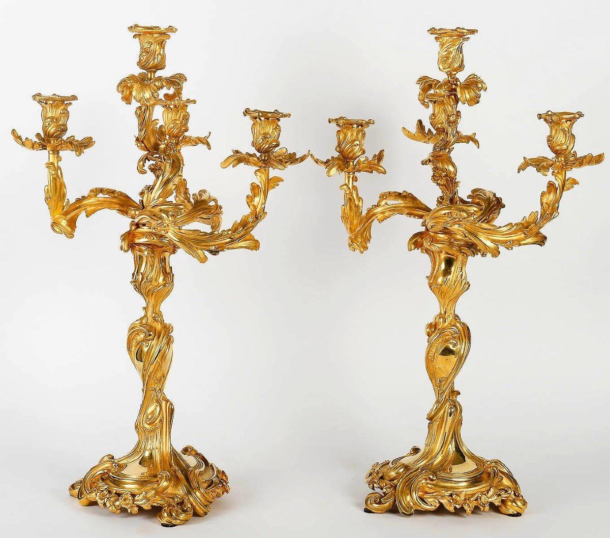 French Pair of Large Gilt Bronze Candelabra, Louis XV Style, 19th Century. For Sale