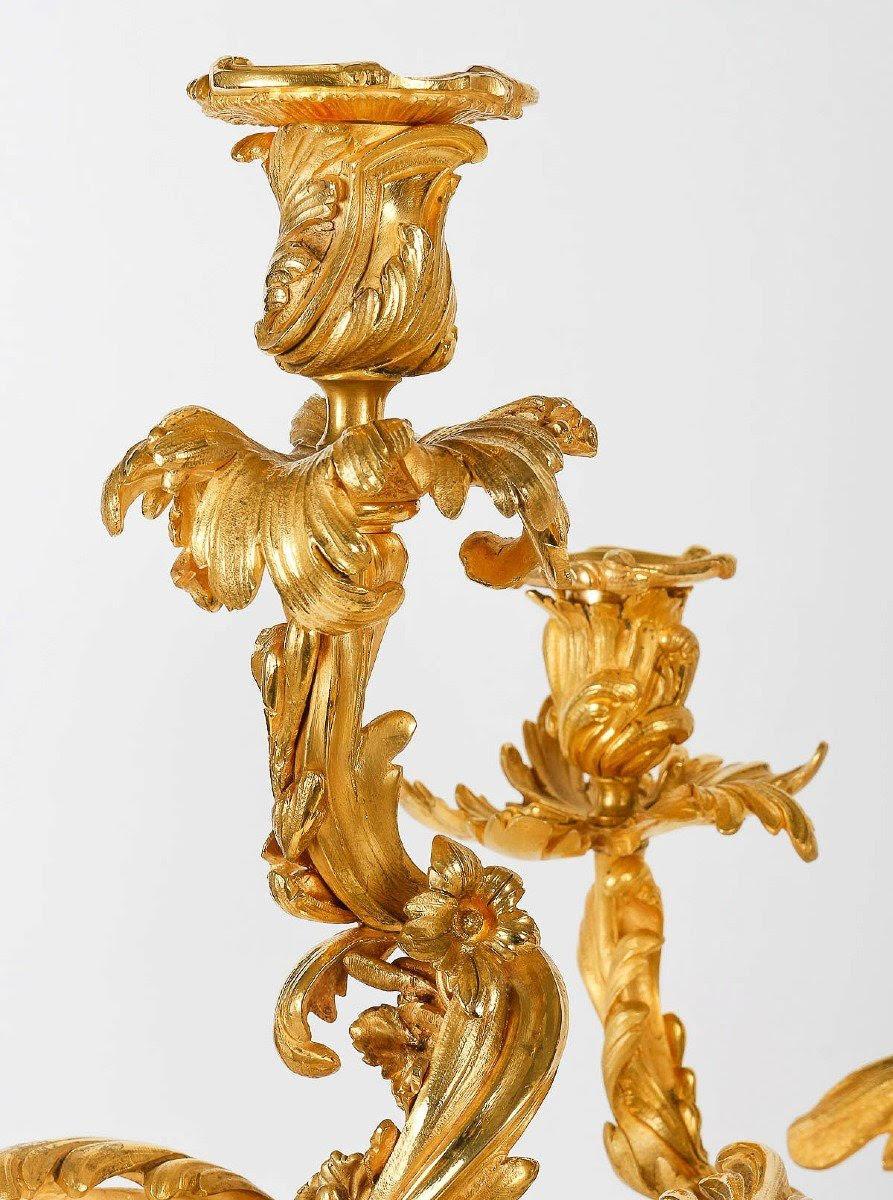 Pair of Large Gilt Bronze Candelabra, Louis XV Style, 19th Century. In Good Condition For Sale In Saint-Ouen, FR