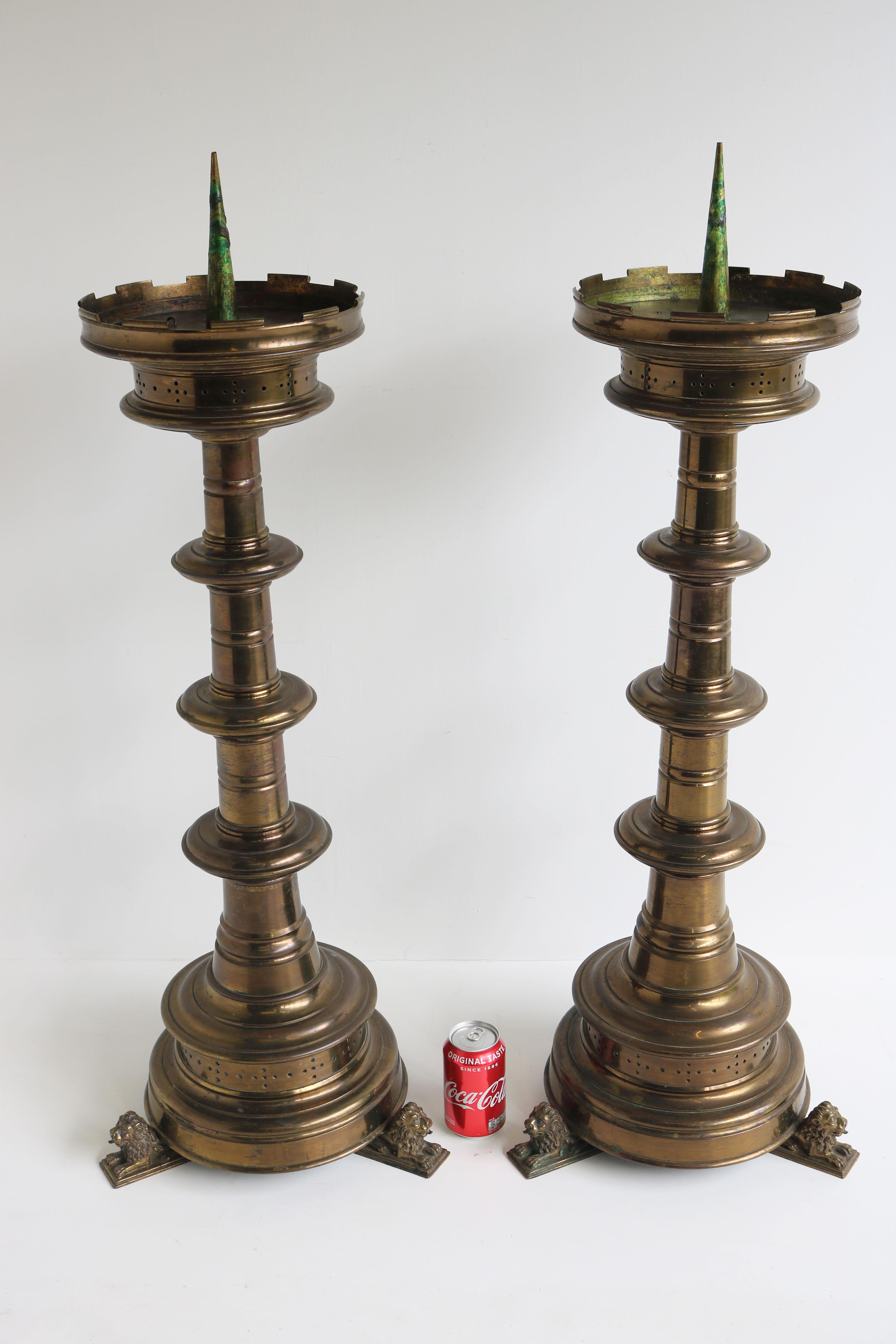 Pair of Large Gilt Bronze Gothic Revival Church Candlesticks Candleholders Lions For Sale 2