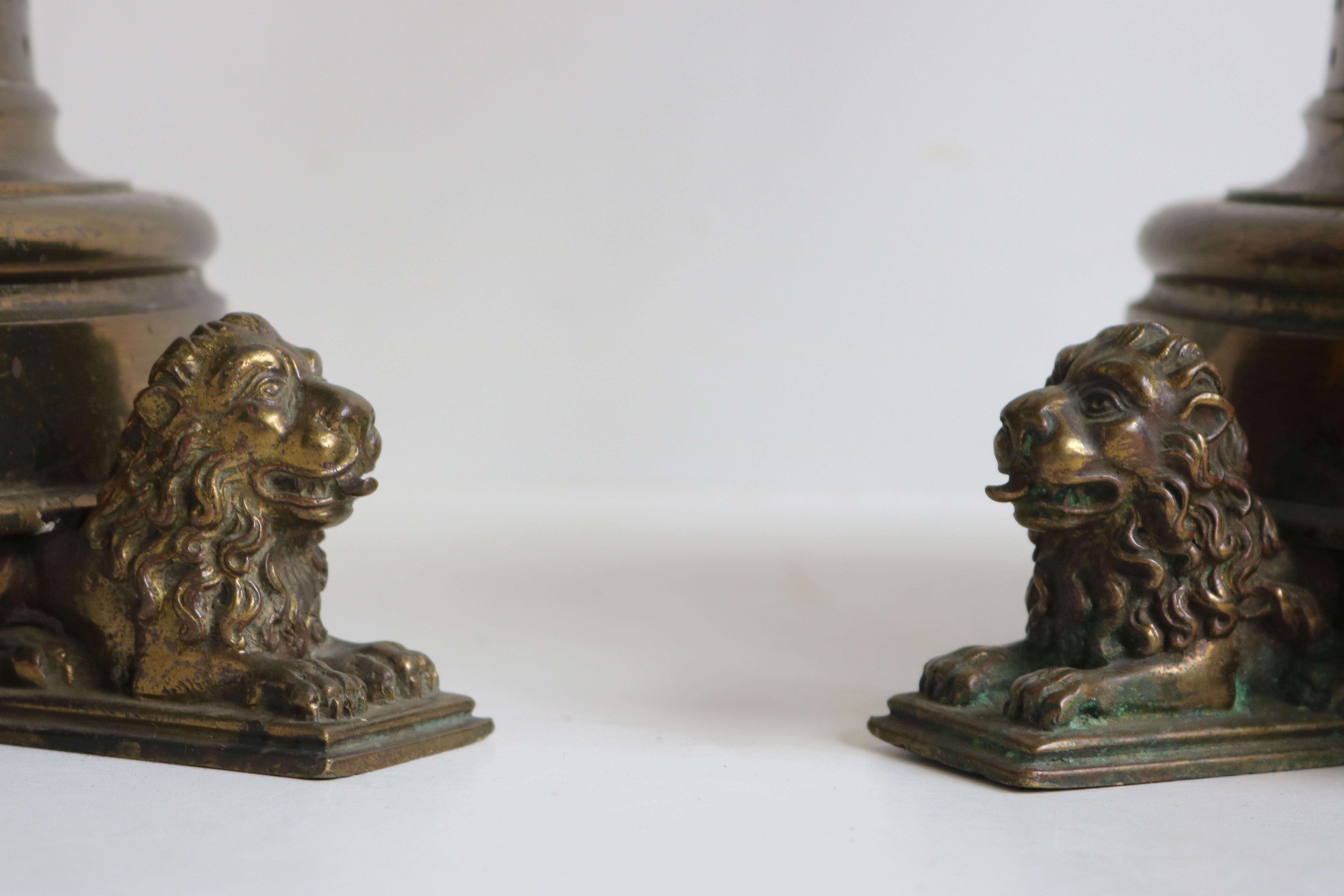 French Pair of Large Gilt Bronze Gothic Revival Church Candlesticks Candleholders Lions For Sale