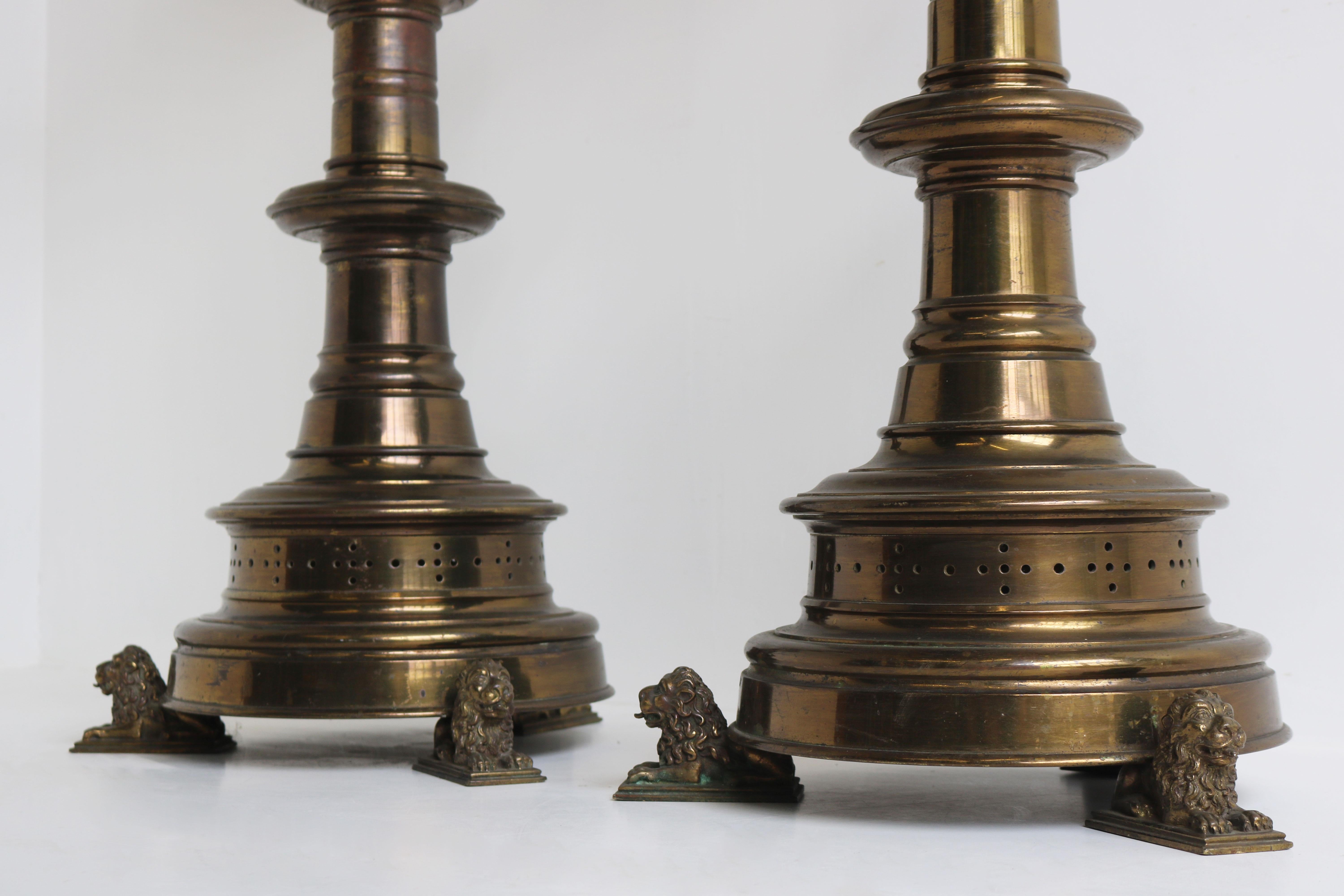 Hand-Crafted Pair of Large Gilt Bronze Gothic Revival Church Candlesticks Candleholders Lions For Sale