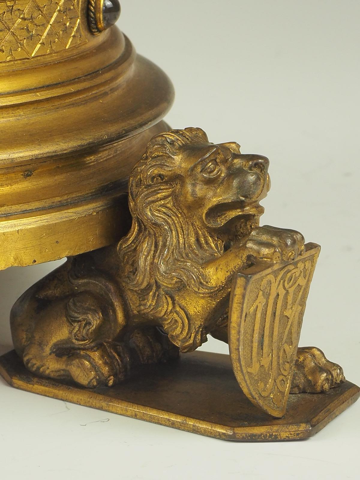 19th Century Pair of Large Gilt Bronze Gothic Revival Lion Church Candleholders For Sale