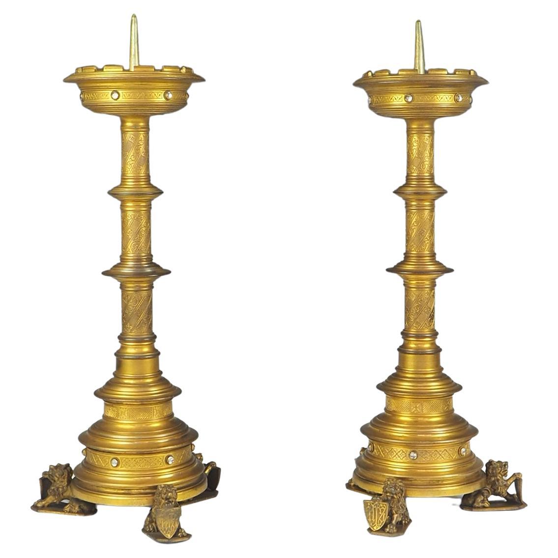 Pair of Large Gilt Bronze Gothic Revival Lion Church Candleholders For Sale