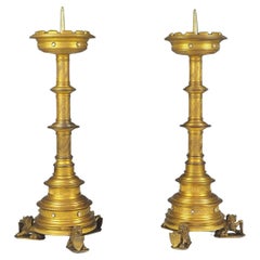 Pair of Large Gilt Bronze Gothic Revival Lion Church Candleholders