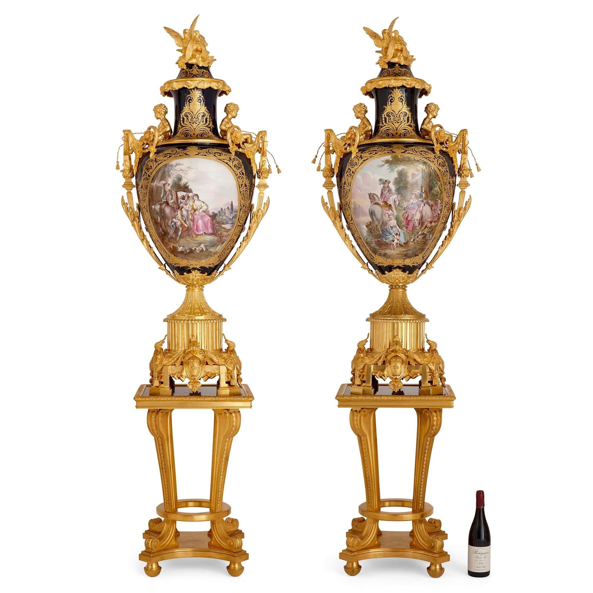 Pair of Large Gilt-Bronze Mounted Sèvres-style Porcelain Vases with Pedestals For Sale 6