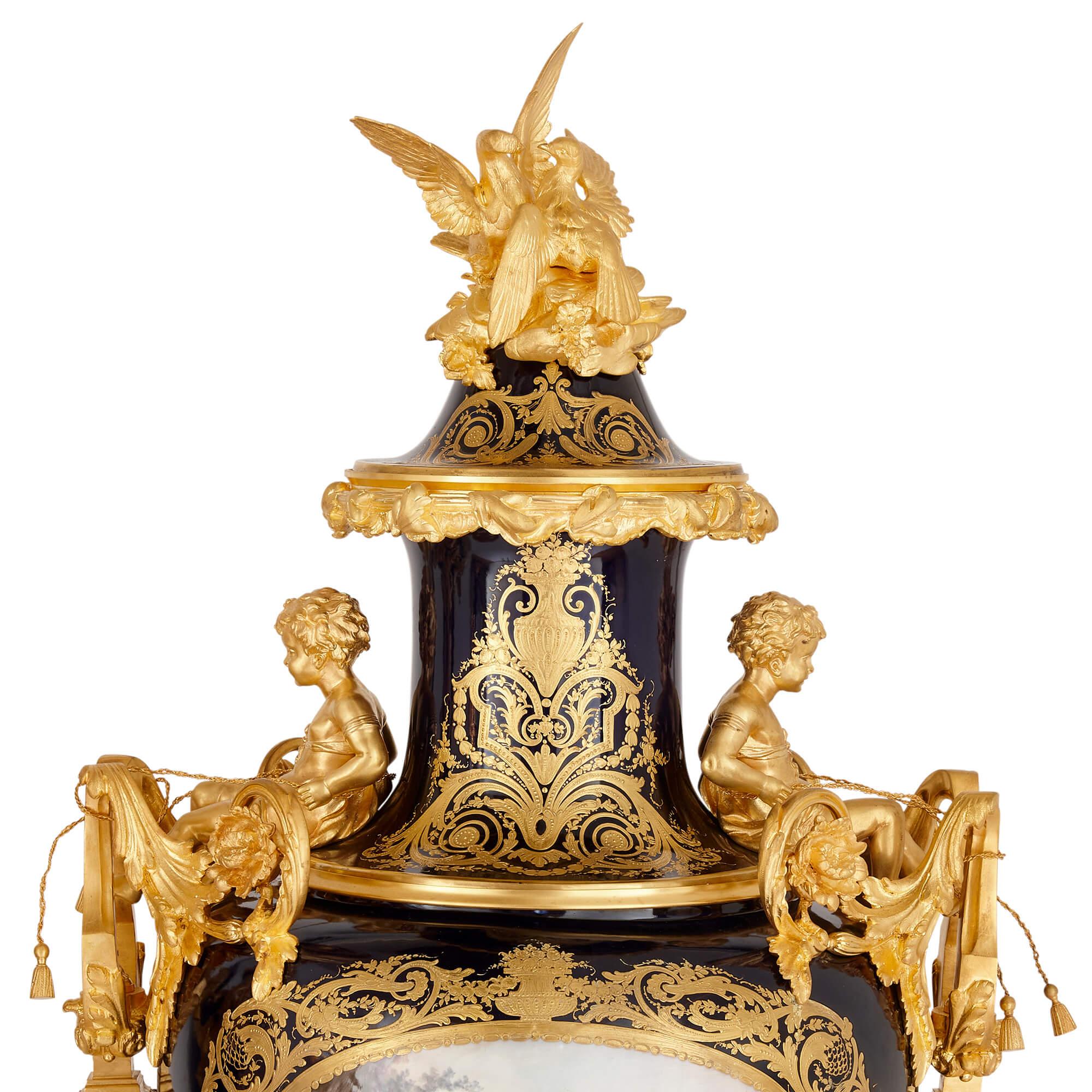 Pair of Large Gilt-Bronze Mounted Sèvres-style Porcelain Vases with Pedestals For Sale 3