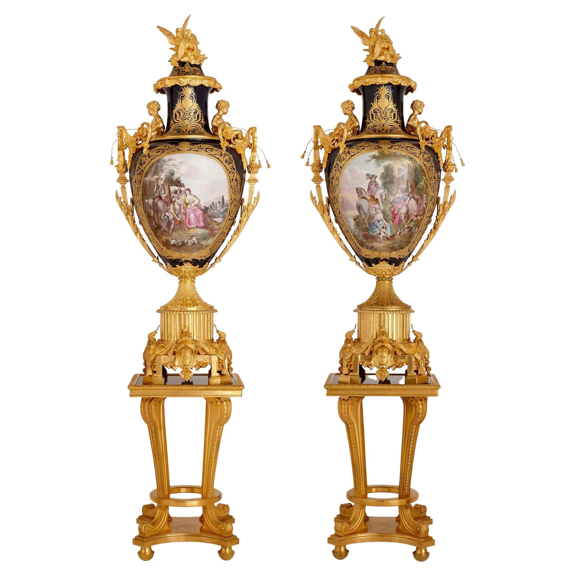 Pair of Large Gilt-Bronze Mounted Sèvres-style Porcelain Vases with Pedestals For Sale