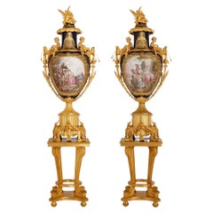 Pair of Large Gilt-Bronze Mounted Sèvres-style Porcelain Vases with Pedestals